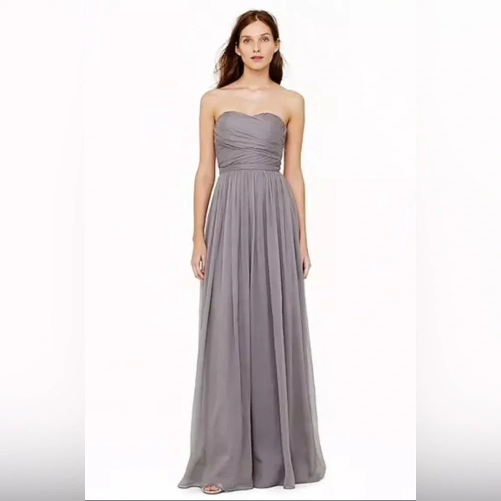 J Crew Arabelle Silk Gray Dress Xs 2P Strapless Formal Evening Gown Full Length